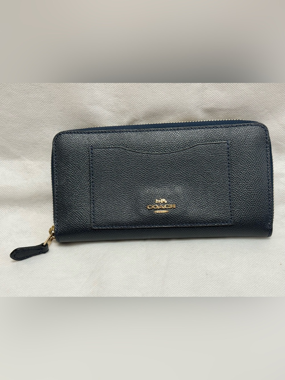 Coach Navy Leather Zip Wallet with Gold Logo Accent-READ